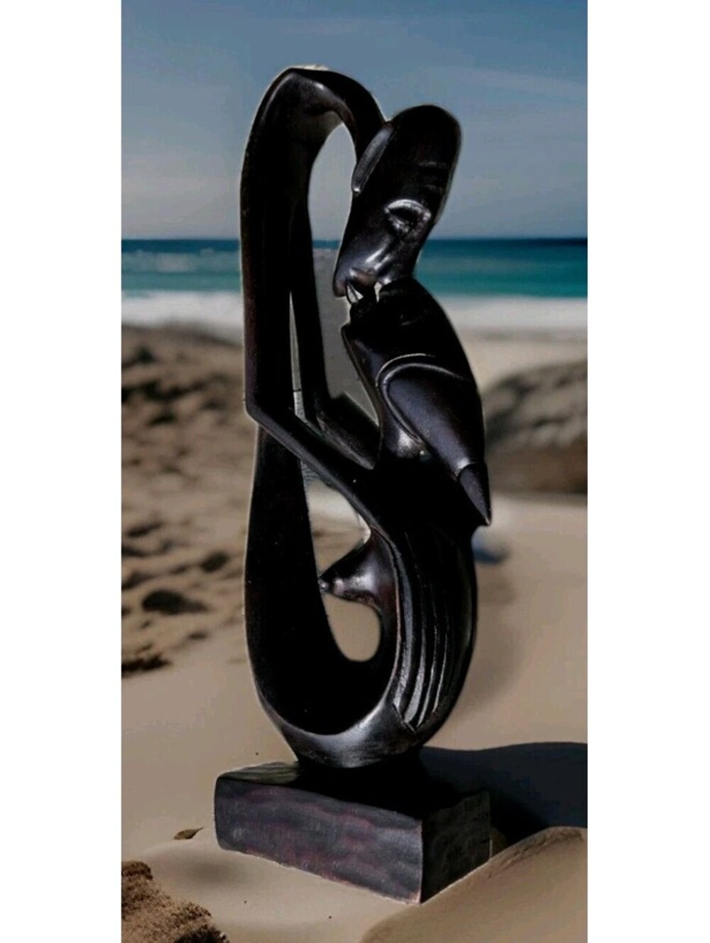 Rare Black Hand Carved Wooden Balinese Sculpture Kissing Couple 15TX5W" Art